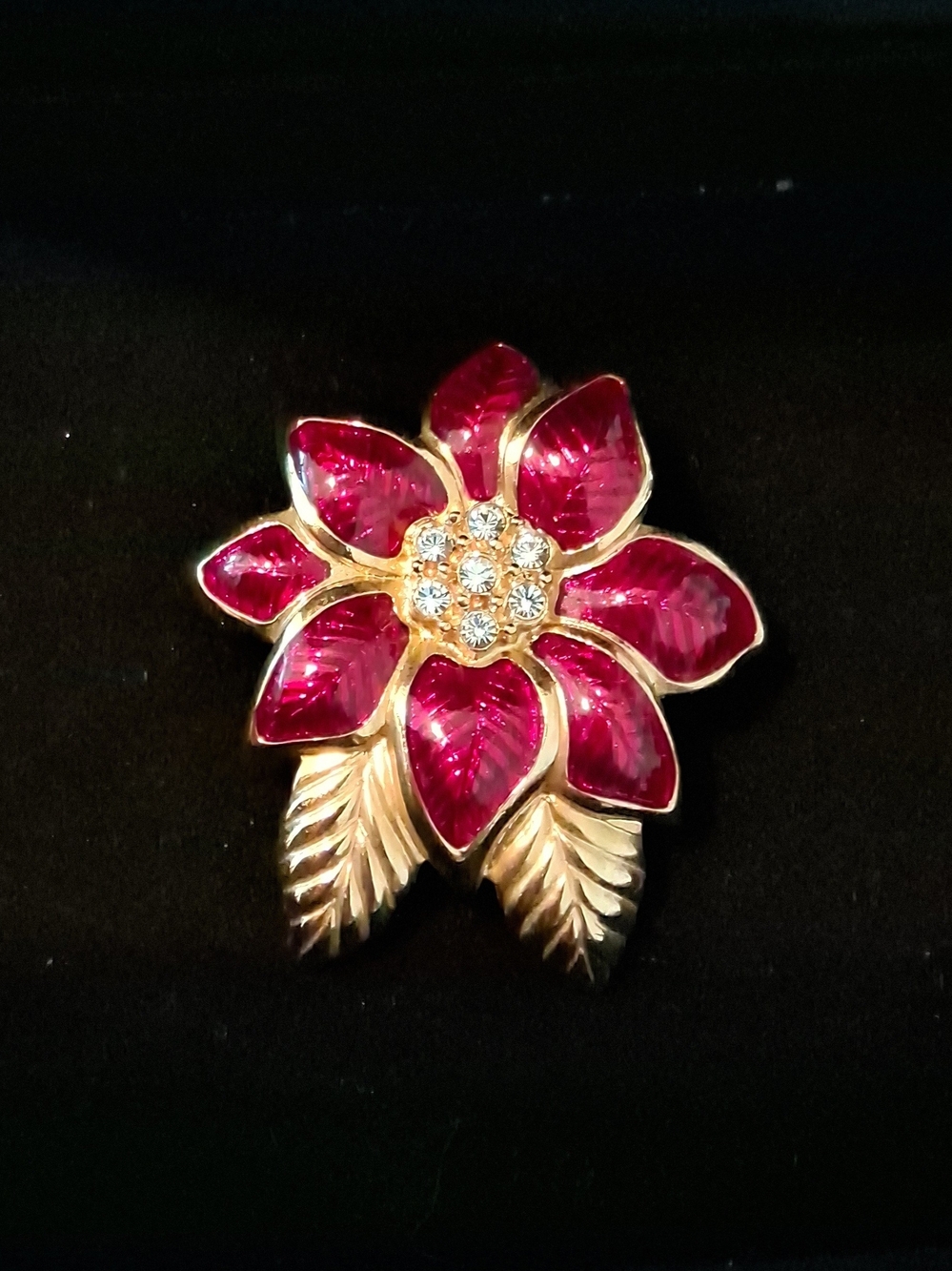 Vintage Monet Red Enamel & Rhinestone Poinsettia Brooch 1980s Holiday Collection